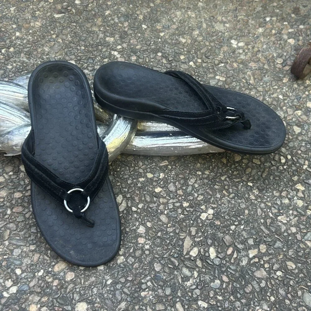 Vionic Black Suede Leather Tide Aloe Toe Post Ortho Heel Thong Sandals Size 7 - Picture 11 of 11